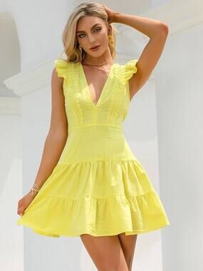 Double Crazy Yellow Babydoll Dress Women's Size Medium Tiered Coquette Fairy